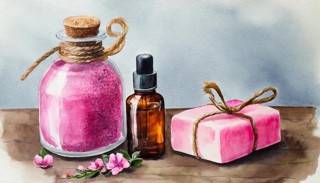 Watercolor illustration of glass bottle pink handmade soap Hand drawn