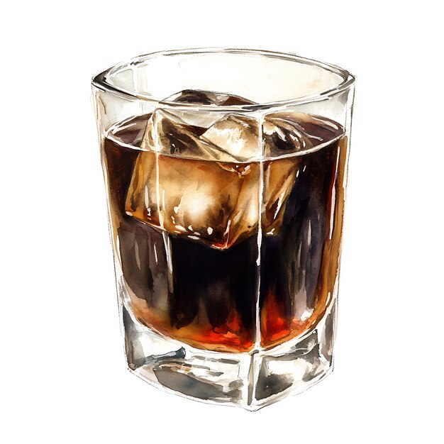 Watercolor Illustration of a Glass of Cold Brew Coffee with an Ice Cube