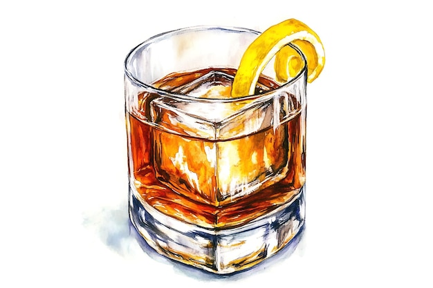 Watercolor Illustration of a Glass of Whiskey with Lemon Twist