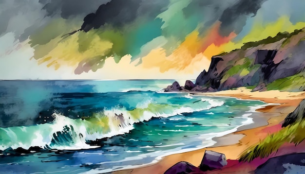 Watercolor illustration of gloomy beach scene Shore of the sea or ocean Natural landscape