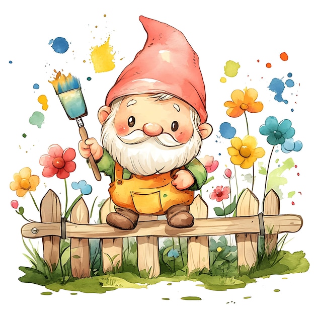 Photo watercolor illustration of a gnome holding a paintbrush on a fence