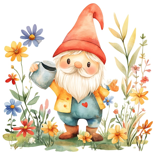 Watercolor Illustration of a Gnome Watering Flowers