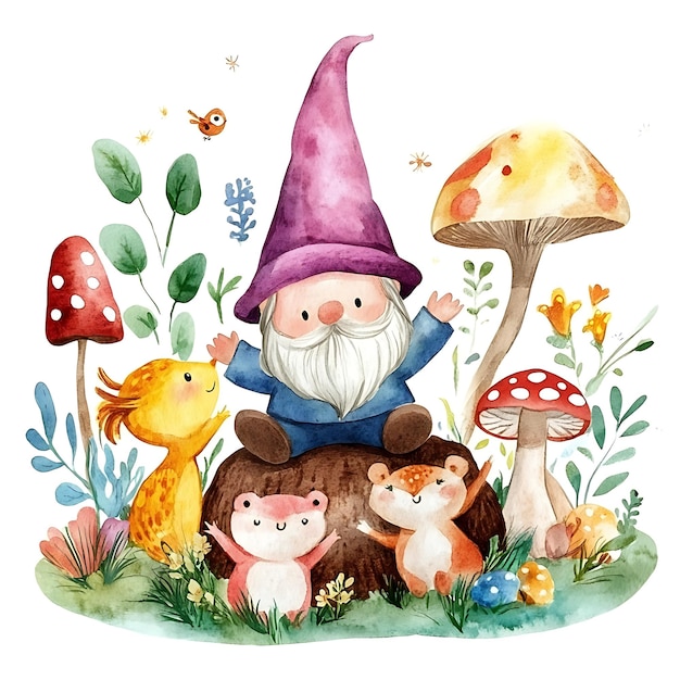 Watercolor Illustration of a Gnome with Mushrooms and Animal Friends