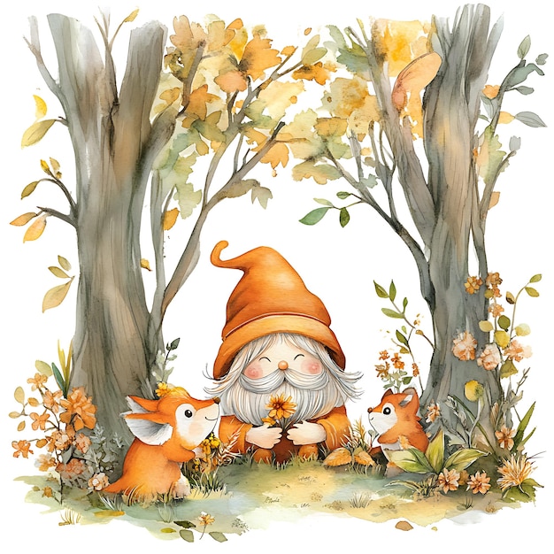 Watercolor Illustration of a Gnome with Two Foxes in a Forest Setting