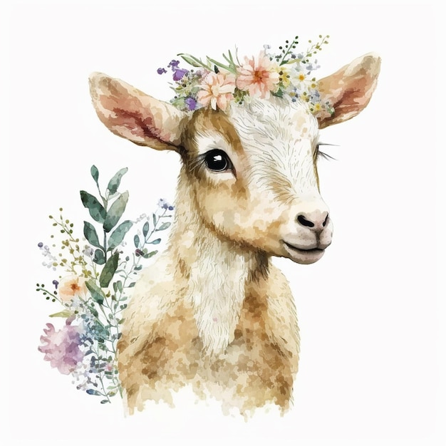 Watercolor illustration of a goat with flowers