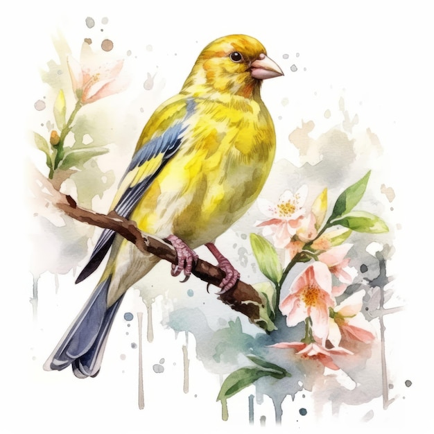 Watercolor illustration of a goldfinch on a branch with leaves