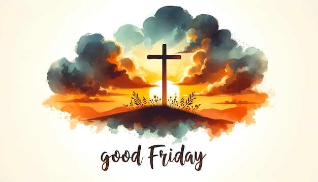 Watercolor illustration for good friday with cross silhouette standing on hill