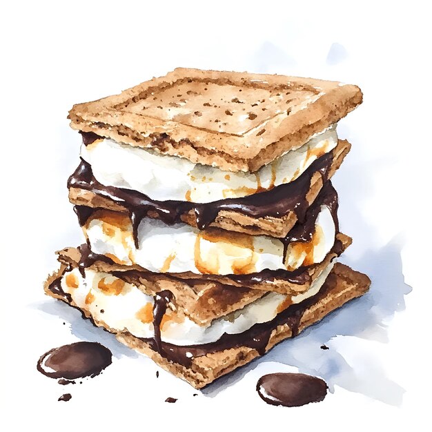 Photo watercolor illustration of a gourmet smore with chocolate and caramel