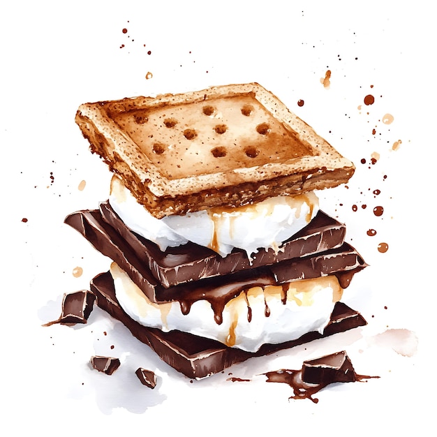 Photo watercolor illustration of a gourmet smore with melted chocolate and marshmallow