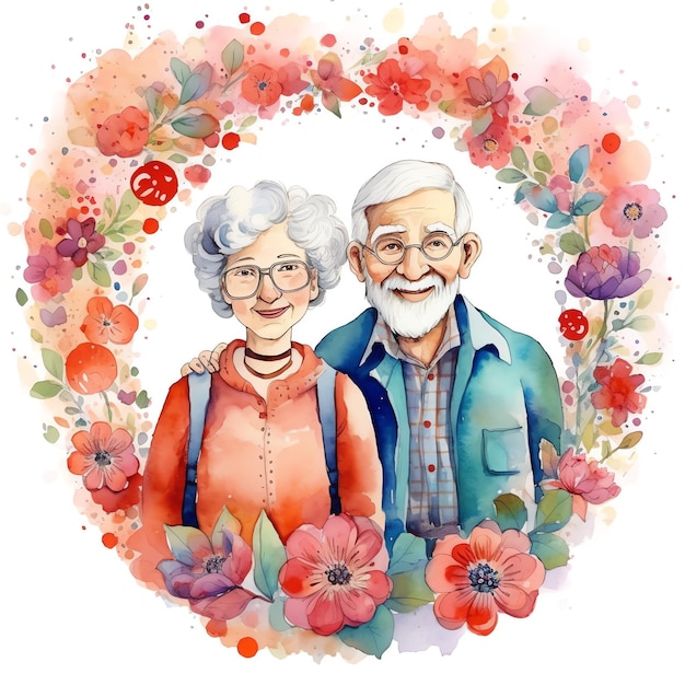 Watercolor illustration of grandparents with flowers