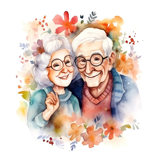 Watercolor illustration of grandparents with flowers