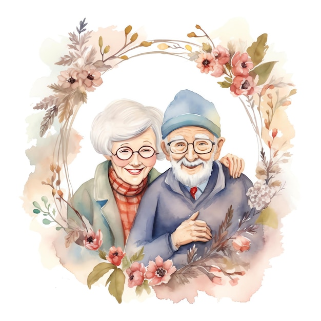 Watercolor illustration of grandparents with flowers