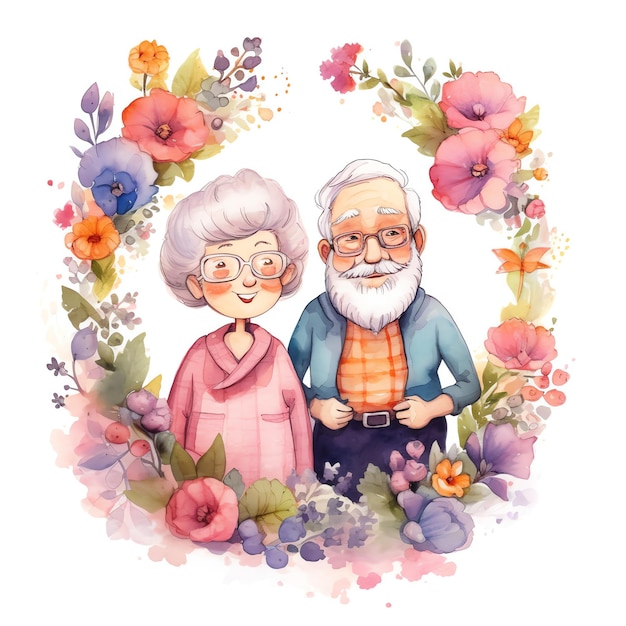 Watercolor illustration of grandparents with flowers