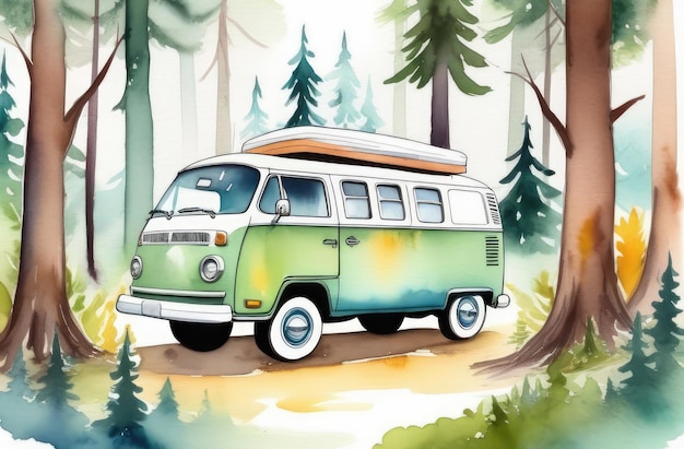 watercolor illustration of green camper van parked in forest vacation in wild nature