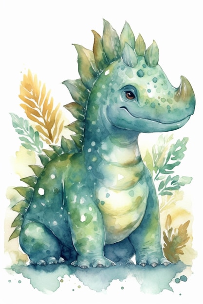 A watercolor illustration of a green dinosaur with a green triceratops.