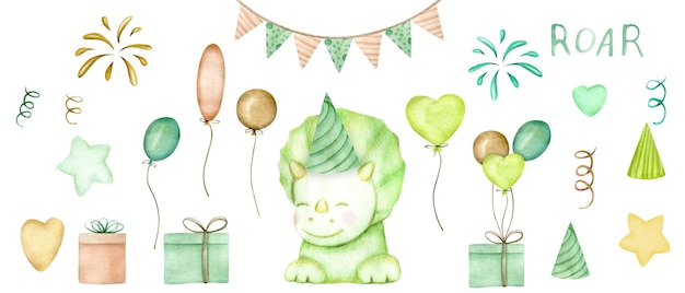 A watercolor illustration of a green rhinoceros with a birthday cake and balloons.