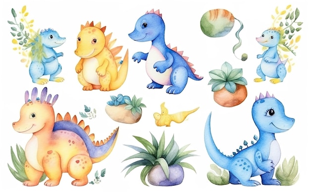 A watercolor illustration of a group of dinosaurs.