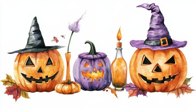 Photo watercolor illustration of halloween pumpkins with a witch hat a candle and autumn leaves pe