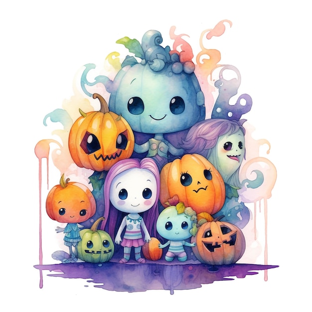 A watercolor illustration of a halloween pumpkins with the word halloween on it.