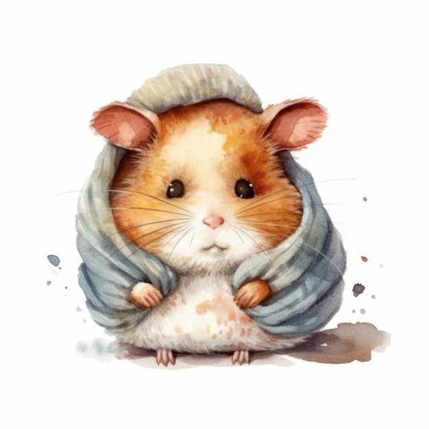 Watercolor illustration of a hamster wearing a hat