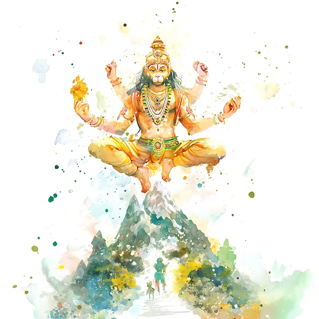 Photo watercolor illustration of hanuman the hindu monkey god flying above a mountain