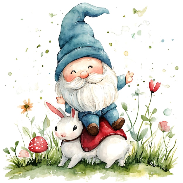 Watercolor Illustration of a Happy Gnome Riding a White Rabbit in a Garden Setting