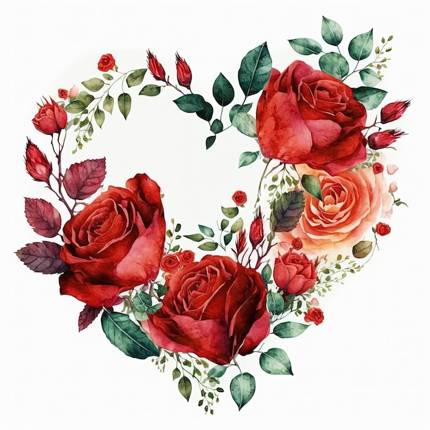 Watercolor illustration heart made of roses Red flowers bouquet clipart Valentines day card