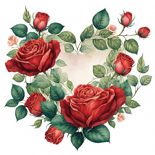 Watercolor illustration heart made of roses Red flowers bouquet clipart Valentines day card