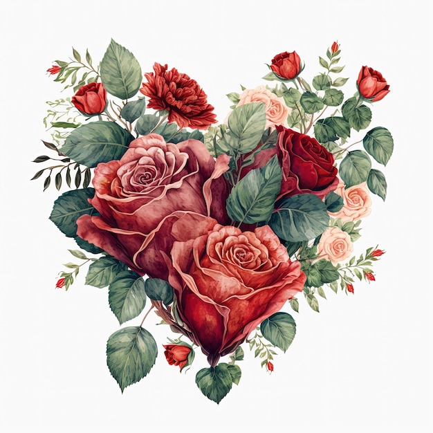 Watercolor illustration heart made of roses Valentines day card