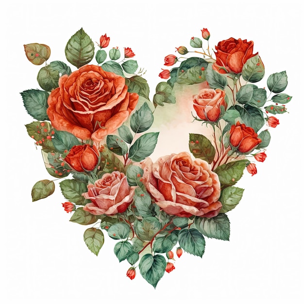 Watercolor illustration heart made of roses Valentines day card