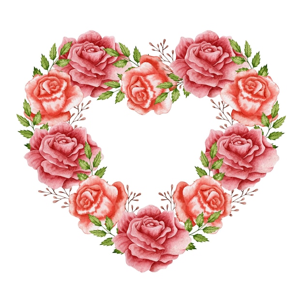 Watercolor illustration of a heart wreath of roses isolated on a white background.