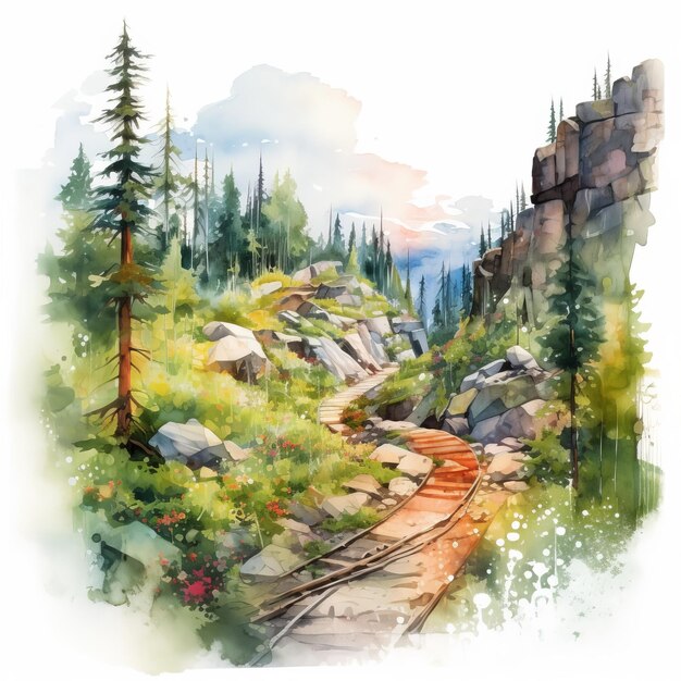 Watercolor Illustration Of Highline Trail Grandiose Landscapes In Uhd