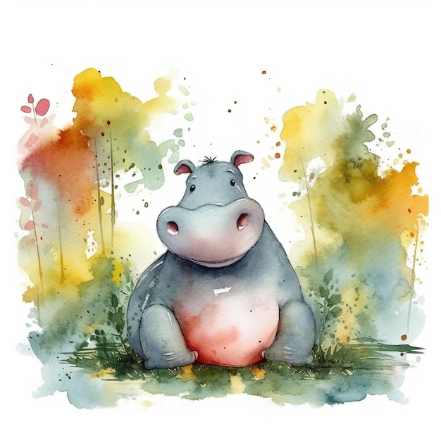 Watercolor illustration of a hippo