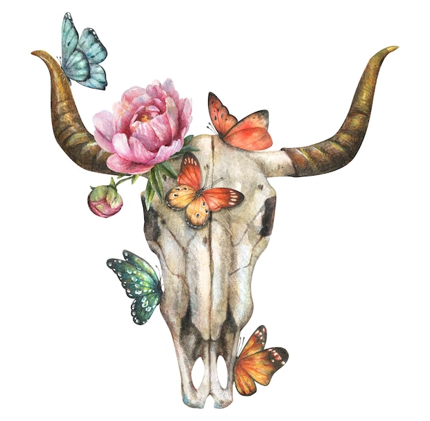 Watercolor illustration of a horned animal skull with pink peony flowers and colorful butterflies