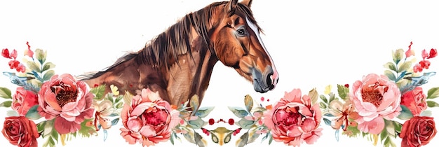 Photo watercolor illustration of a horse framed by a circle of peonies and roses on a white background