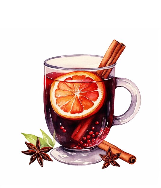 Watercolor illustration of hot mulled wine in a glass with spices isolated on white background