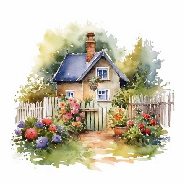 Watercolor illustration of a house in the garden