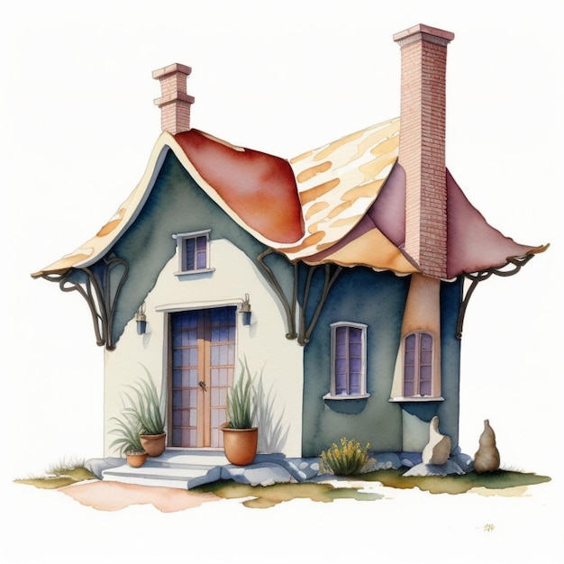 watercolor illustration of a house with a chimney