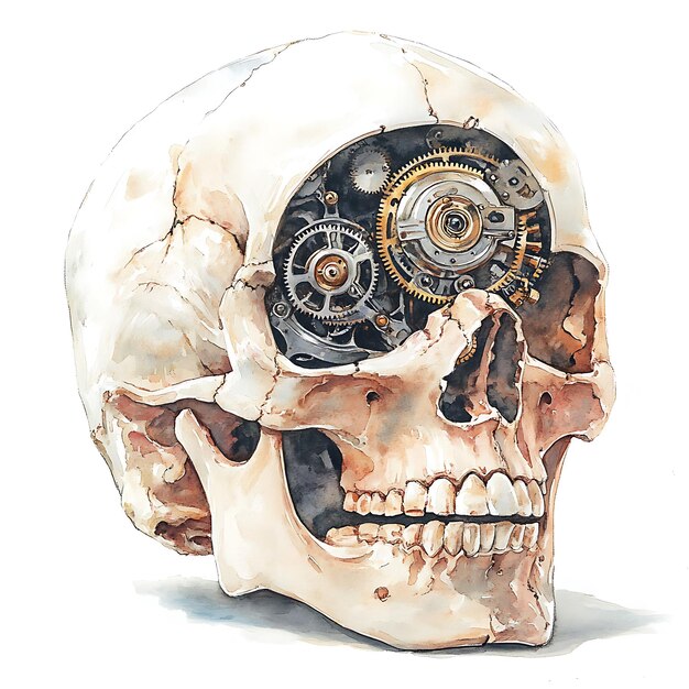 Watercolor illustration of a human skull with intricate gears in place of the brain