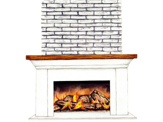 Watercolor illustration interior of living room with fireplace decor Clipart Home decor elements on a white background