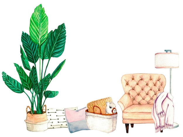 Watercolor illustration interior of living room with home plant wicker basket toy lama armchair Home decor elements on a white background