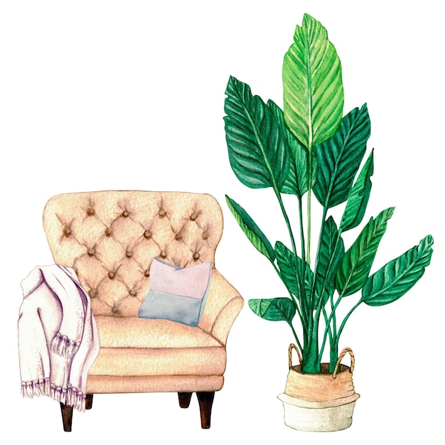 Watercolor illustration interior of living room with sofa pillows decor Clipart Home decor elements on a white background Armchair