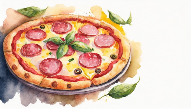 Watercolor illustration of Italian pepperoni sausage pizza with basil on white background Top view