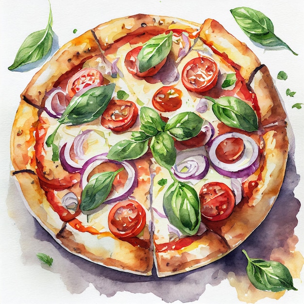 Watercolor illustration of Italian pizza with tomatoes onion and basil on white background Top view