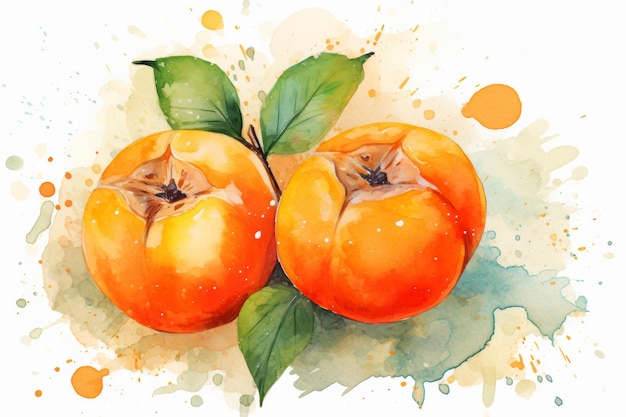 Photo watercolor illustration of juicy ripe persimmon fruit with aquarelle splashes concepts of fresh fruit healthy snack natural food watercolour art