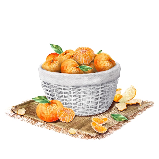 Watercolor illustration of juicy tangerines in a basketHand drawing