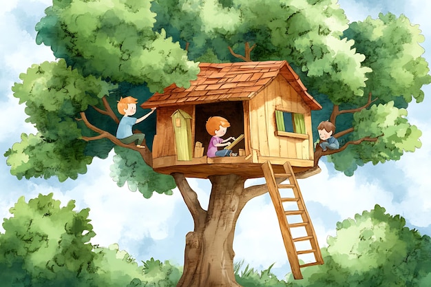 Watercolor Illustration of Kids Playing in a Treehouse