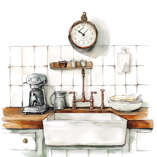 Photo watercolor illustration of a kitchen sink countertop and accessories