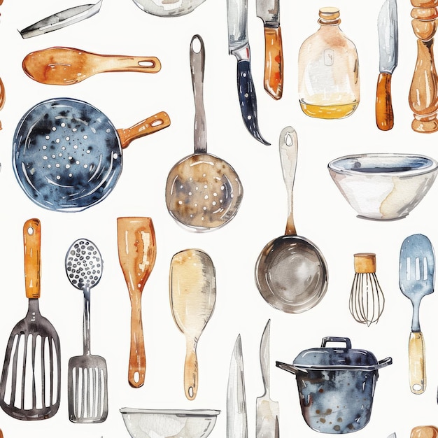 Watercolor Illustration of Kitchen Utensils and Tools