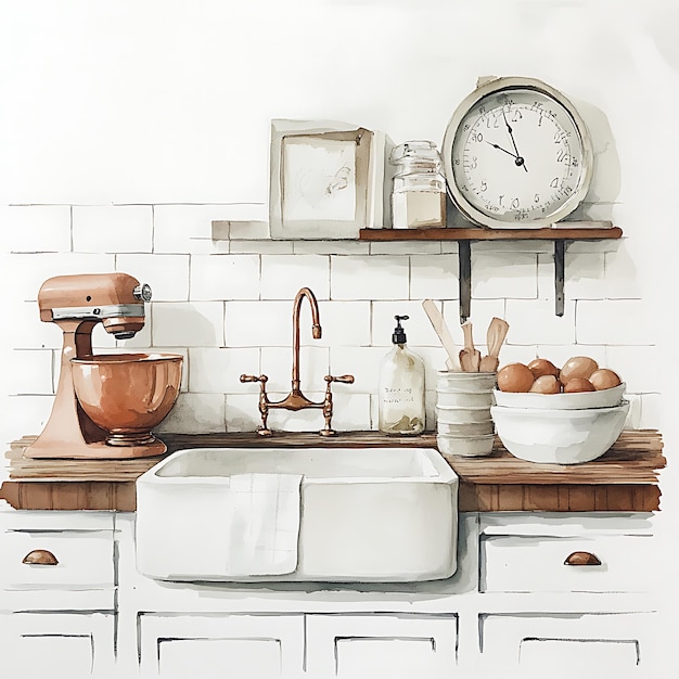 Watercolor Illustration of a Kitchen with a Sink Mixer and Eggs